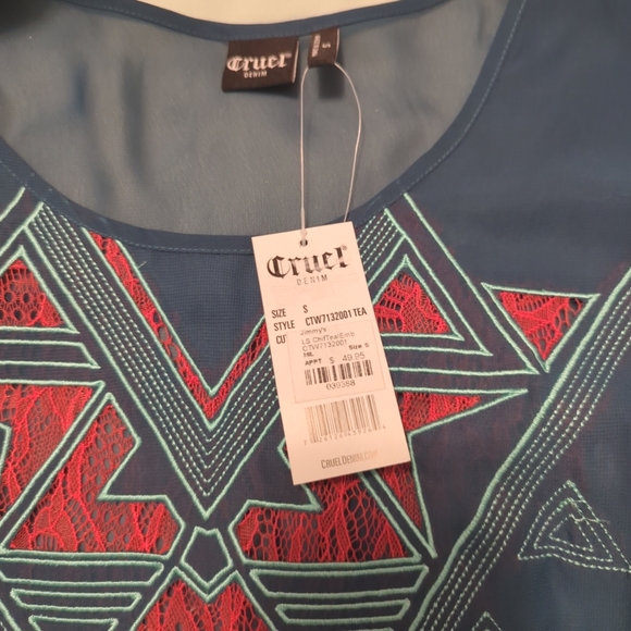 Teal Chiffon Embroidered Blouse Cruel Denim Size Small US Long Sleeve - Picture 4 of 4